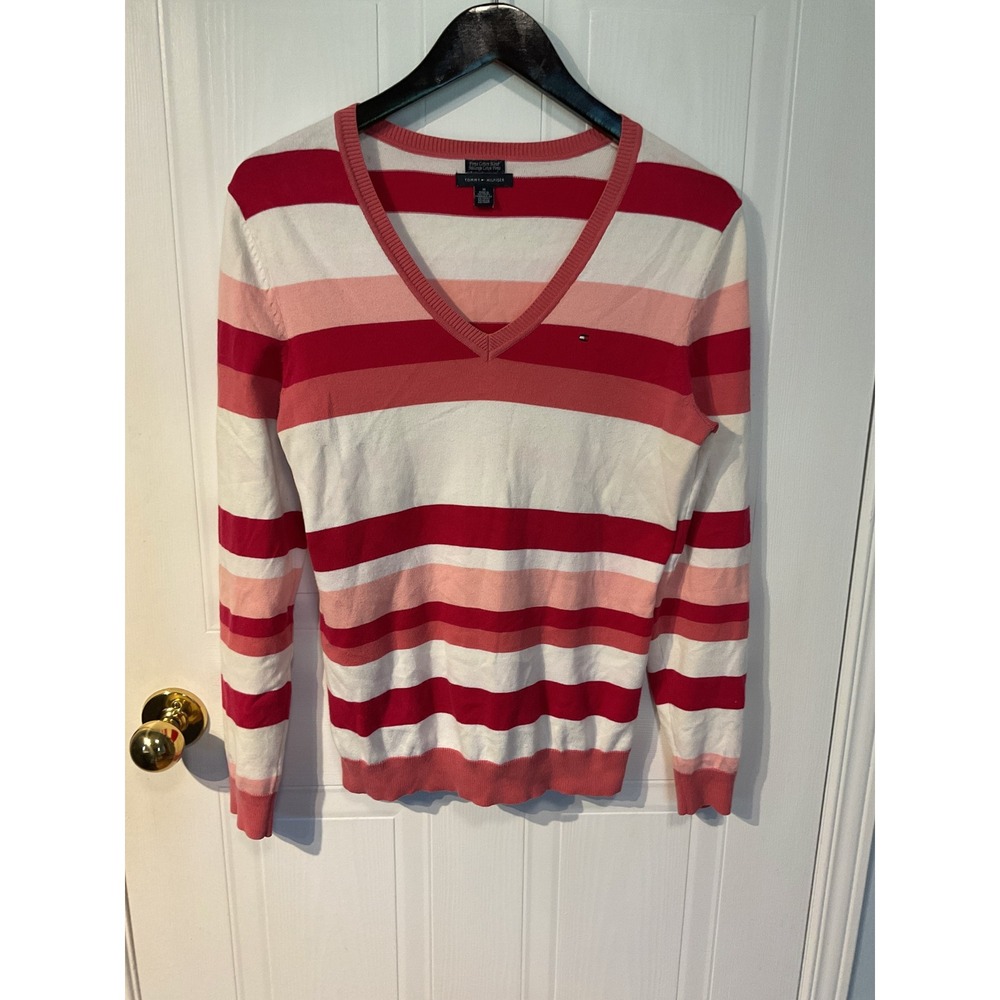 Tommy Hilfiger Sweater Womens M Red Pink White Excellent Striped V-Neck Pima
